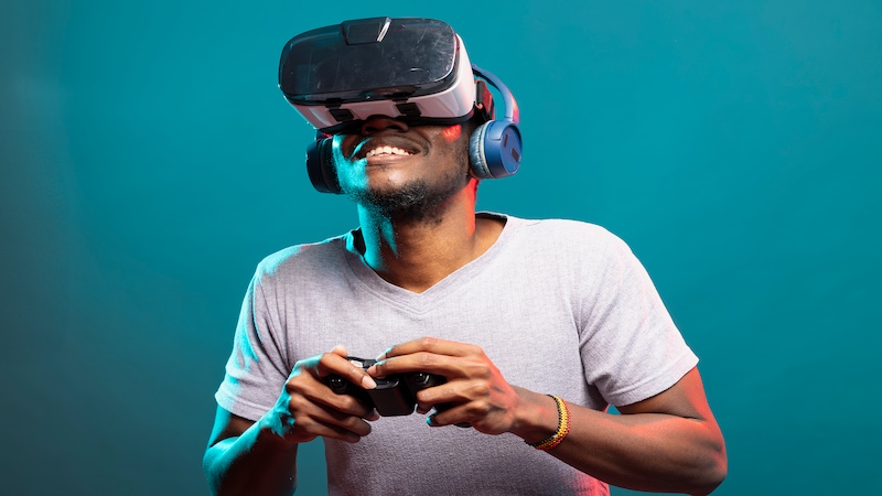 Player using VR headset while enjoying the Vivid2201 Game experience